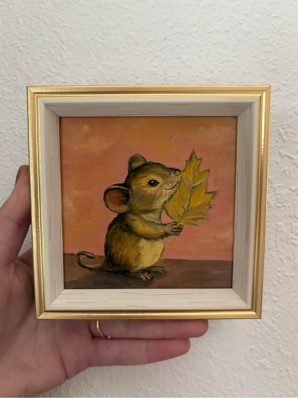 "Autumn Mouse” Original oil painting on wood board mini framed 4x4"